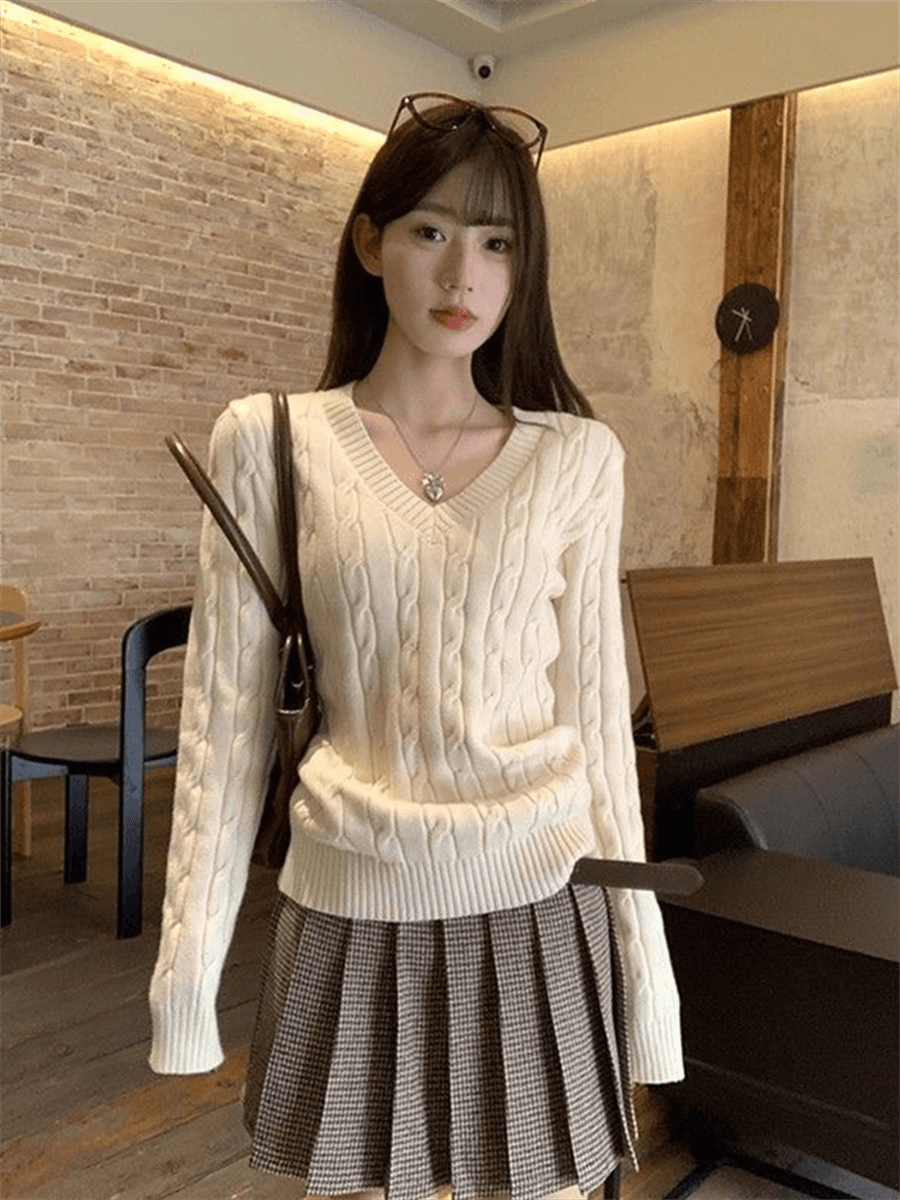 한 부서 V넥 스웨터 여자 가을 겨울철 꽈배기 두꺼운 루즈핏 인사이드 가져 가라. 외출용 느긋한 바람 니트 스웨터 맨위 상세 이미지 20