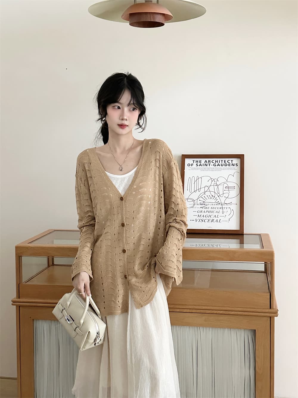 실사 한 부서 느긋한 바람 V넥 홀로우 아웃 자수 니트 오픈 가디건 여성 루즈핏 다용도 긴팔 외부 가져 가라. 자외선 차단 맨위 상세 이미지 14