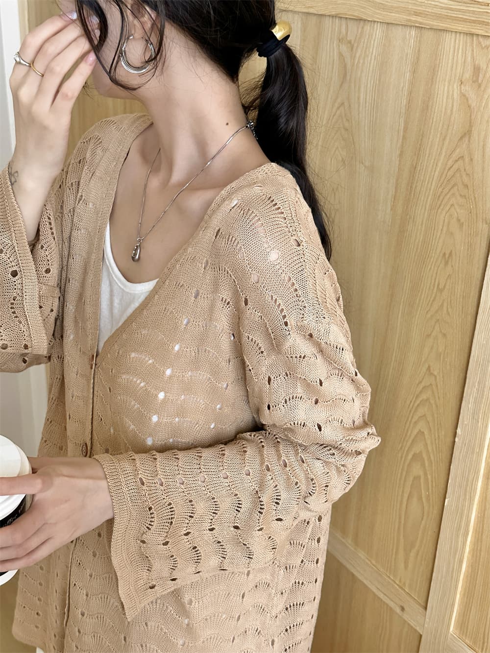 실사 한 부서 느긋한 바람 V넥 홀로우 아웃 자수 니트 오픈 가디건 여성 루즈핏 다용도 긴팔 외부 가져 가라. 자외선 차단 맨위 상세 이미지 17
