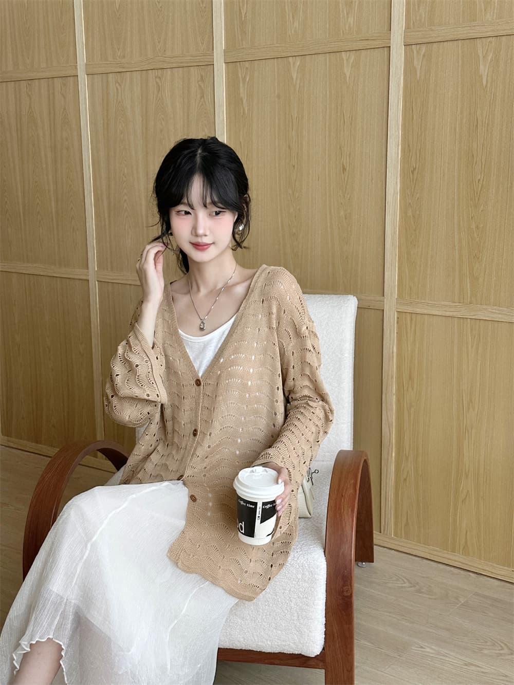 실사 한 부서 느긋한 바람 V넥 홀로우 아웃 자수 니트 오픈 가디건 여성 루즈핏 다용도 긴팔 외부 가져 가라. 자외선 차단 맨위 상세 이미지 22