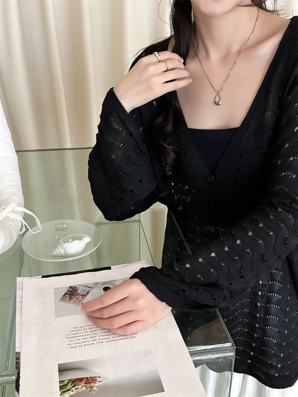 실사 한 부서 느긋한 바람 V넥 홀로우 아웃 자수 니트 오픈 가디건 여성 루즈핏 다용도 긴팔 외부 가져 가라. 자외선 차단 맨위 상세 이미지 29