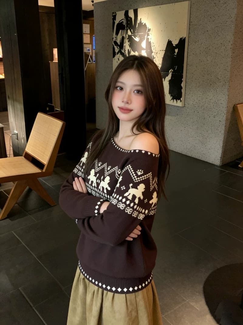 레트로 부드러운 공정한 섬 강아지 자카드 비스듬한 어깨 긴팔 니트 스웨터 가을 겨울 디자인 센스 느긋한 부드러운 찹쌀 맨위 트렌디 상세 이미지 7
