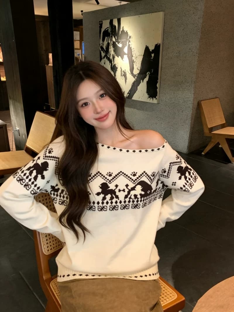 레트로 부드러운 공정한 섬 강아지 자카드 비스듬한 어깨 긴팔 니트 스웨터 가을 겨울 디자인 센스 느긋한 부드러운 찹쌀 맨위 트렌디 상세 이미지 10