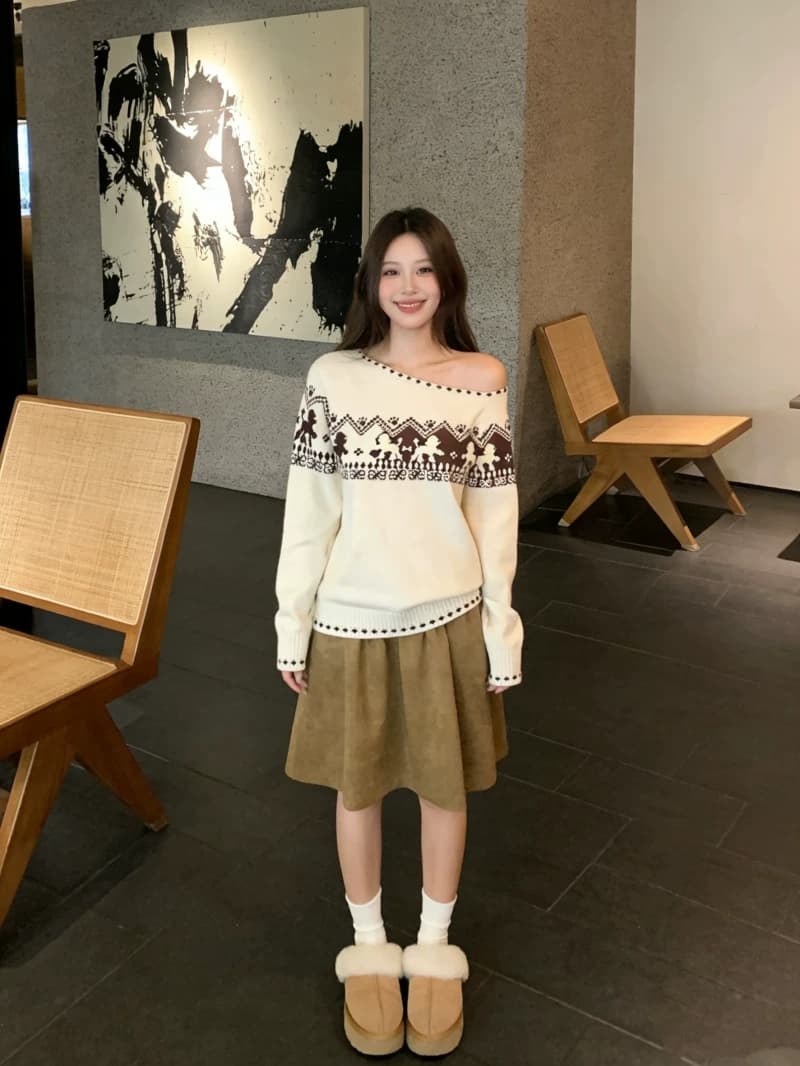 레트로 부드러운 공정한 섬 강아지 자카드 비스듬한 어깨 긴팔 니트 스웨터 가을 겨울 디자인 센스 느긋한 부드러운 찹쌀 맨위 트렌디 상세 이미지 12