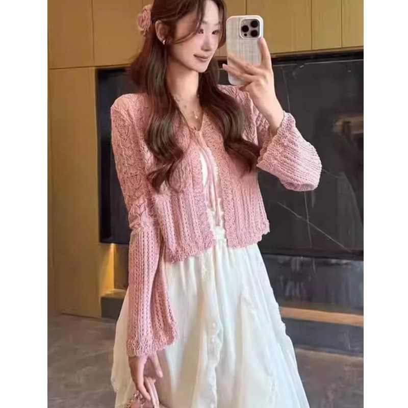 도파민 착용 가져 가라. 녹색 홀로우 아웃 자수 니트 오픈 가디건 여성 여름 얇은 스타일 외부 가져 가라. 자외선 차단 에어컨 블라우스 맨위 이미지 4
