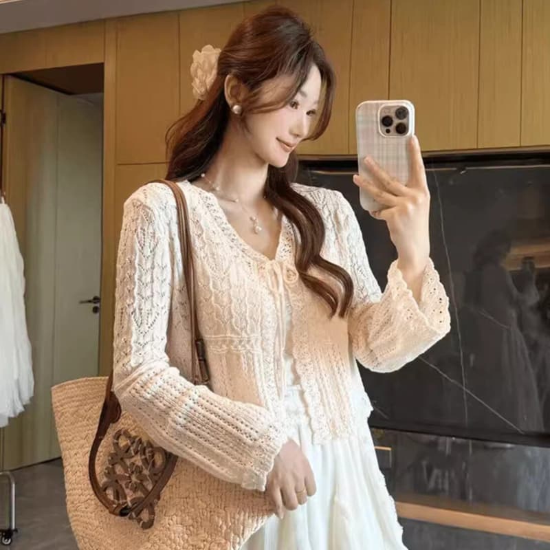 도파민 착용 가져 가라. 녹색 홀로우 아웃 자수 니트 오픈 가디건 여성 여름 얇은 스타일 외부 가져 가라. 자외선 차단 에어컨 블라우스 맨위 상세 이미지 4
