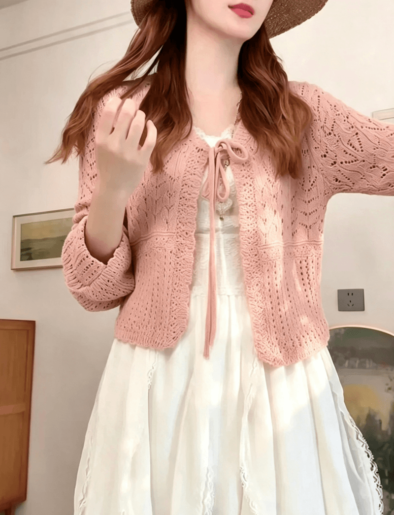 도파민 착용 가져 가라. 녹색 홀로우 아웃 자수 니트 오픈 가디건 여성 여름 얇은 스타일 외부 가져 가라. 자외선 차단 에어컨 블라우스 맨위 상세 이미지 7