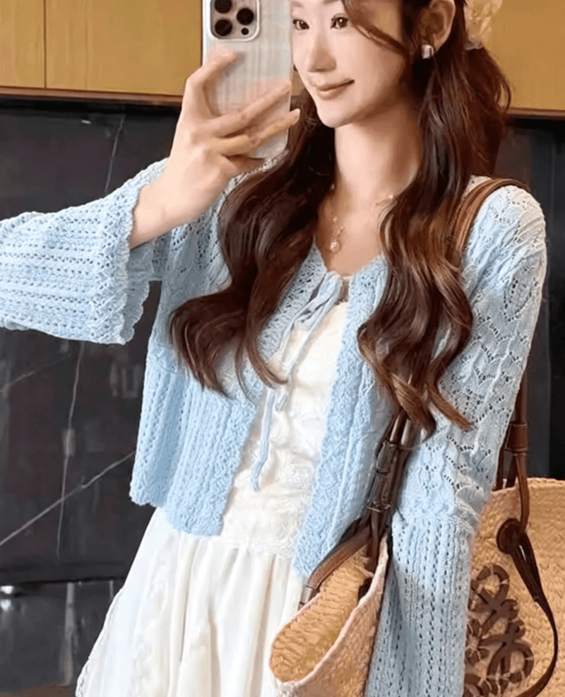 도파민 착용 가져 가라. 녹색 홀로우 아웃 자수 니트 오픈 가디건 여성 여름 얇은 스타일 외부 가져 가라. 자외선 차단 에어컨 블라우스 맨위 상세 이미지 9