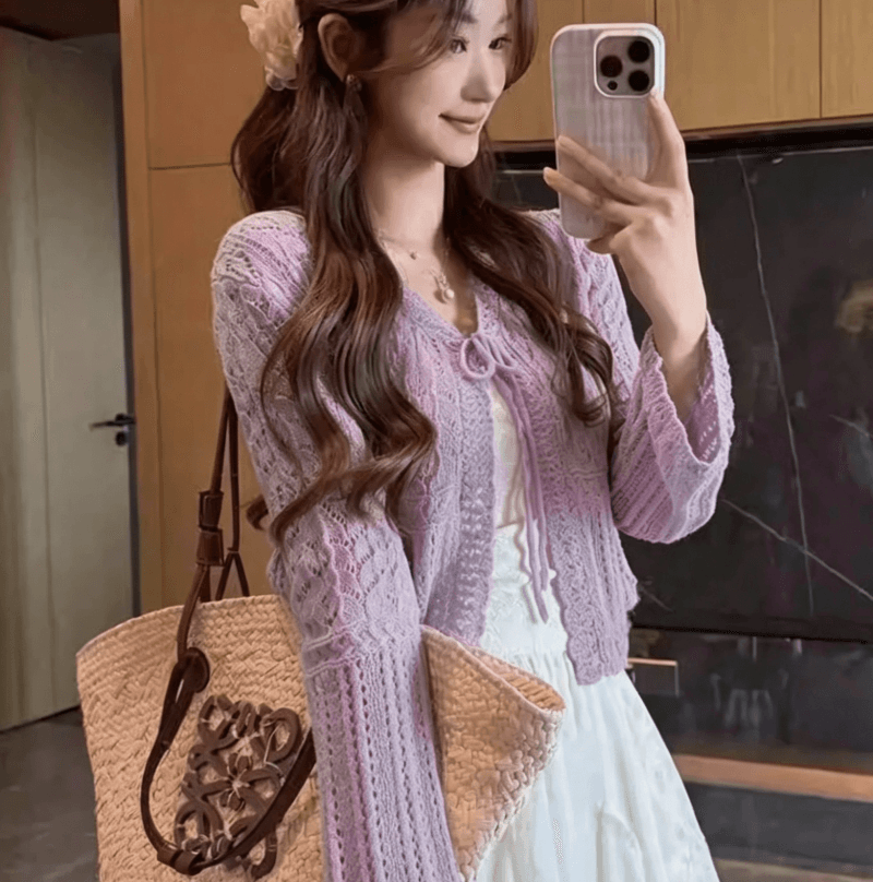 도파민 착용 가져 가라. 녹색 홀로우 아웃 자수 니트 오픈 가디건 여성 여름 얇은 스타일 외부 가져 가라. 자외선 차단 에어컨 블라우스 맨위 상세 이미지 15