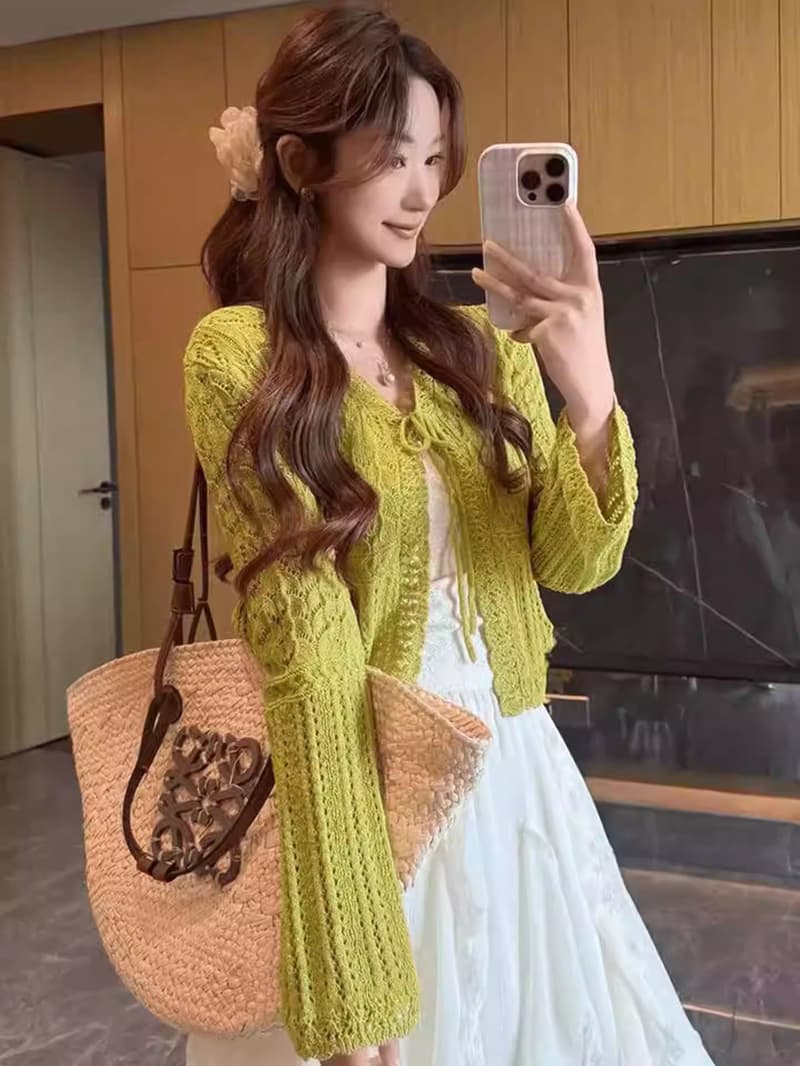 도파민 착용 가져 가라. 녹색 홀로우 아웃 자수 니트 오픈 가디건 여성 여름 얇은 스타일 외부 가져 가라. 자외선 차단 에어컨 블라우스 맨위 상세 이미지 19