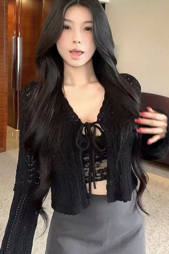 도파민 착용 가져 가라. 녹색 홀로우 아웃 자수 니트 오픈 가디건 여성 여름 얇은 스타일 외부 가져 가라. 자외선 차단 에어컨 블라우스 맨위 이미지 6