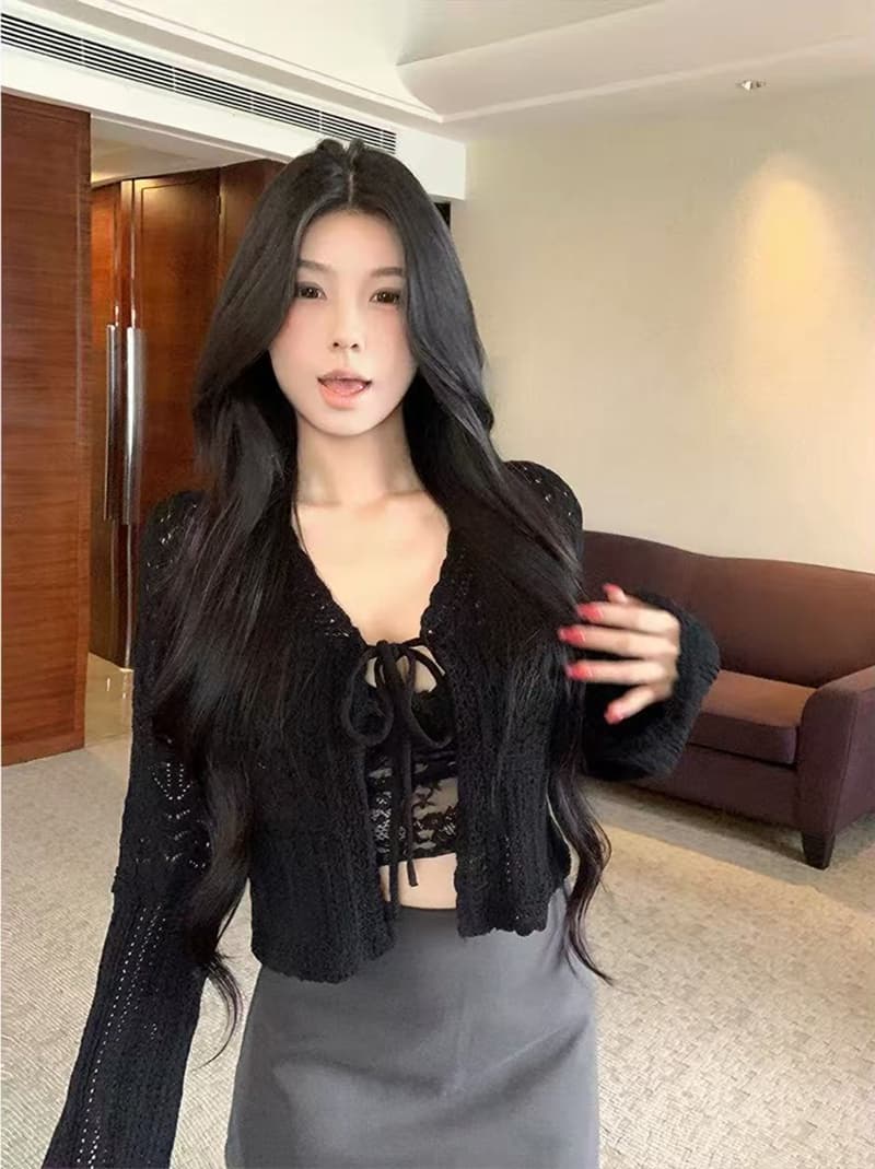 도파민 착용 가져 가라. 녹색 홀로우 아웃 자수 니트 오픈 가디건 여성 여름 얇은 스타일 외부 가져 가라. 자외선 차단 에어컨 블라우스 맨위 상세 이미지 29