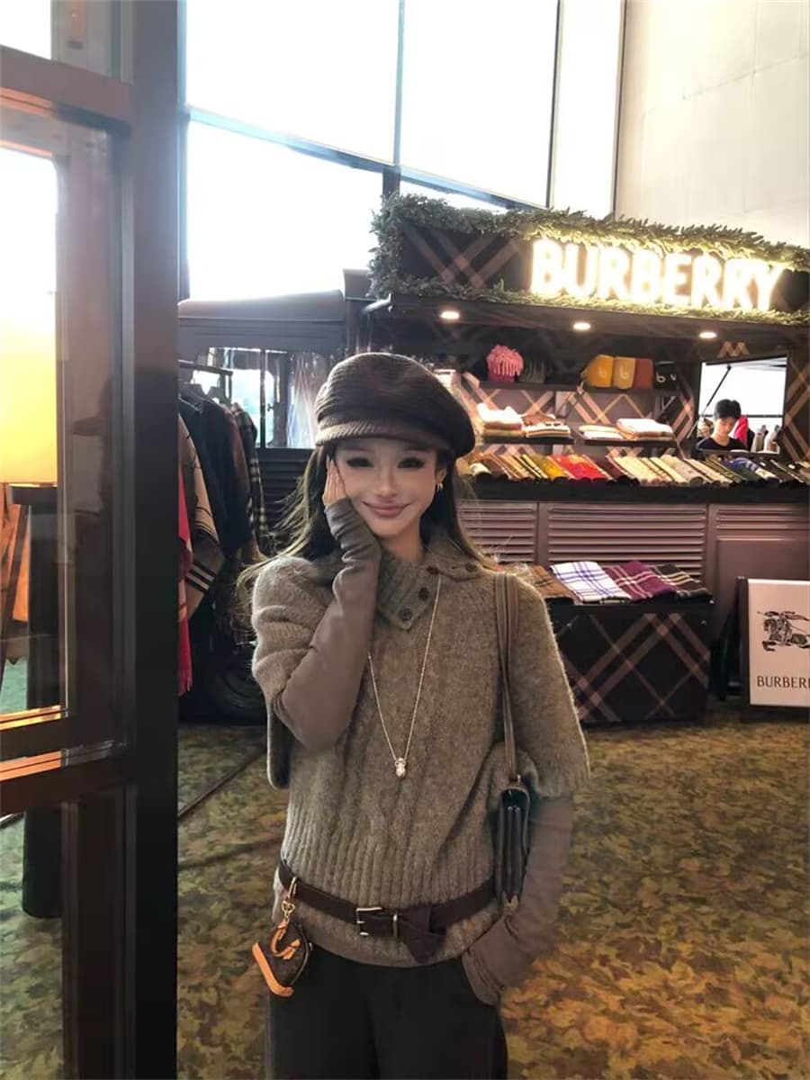 레트로 부유 한 가족 천 골드 miu 부서 착용 가져 가라. 양 낙타 망토 비스듬한 폴로 칼라 중간 소매 스웨터 가을 겨울 켜기 새로운 니트 맨위 상세 이미지 11