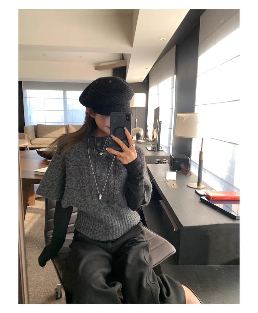 레트로 부유 한 가족 천 골드 miu 부서 착용 가져 가라. 양 낙타 망토 비스듬한 폴로 칼라 중간 소매 스웨터 가을 겨울 켜기 새로운 니트 맨위 상세 이미지 15