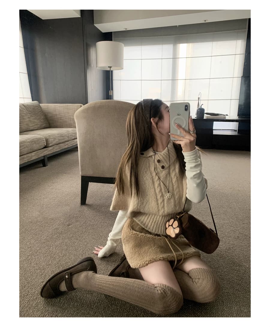 레트로 부유 한 가족 천 골드 miu 부서 착용 가져 가라. 양 낙타 망토 비스듬한 폴로 칼라 중간 소매 스웨터 가을 겨울 켜기 새로운 니트 맨위 상세 이미지 23