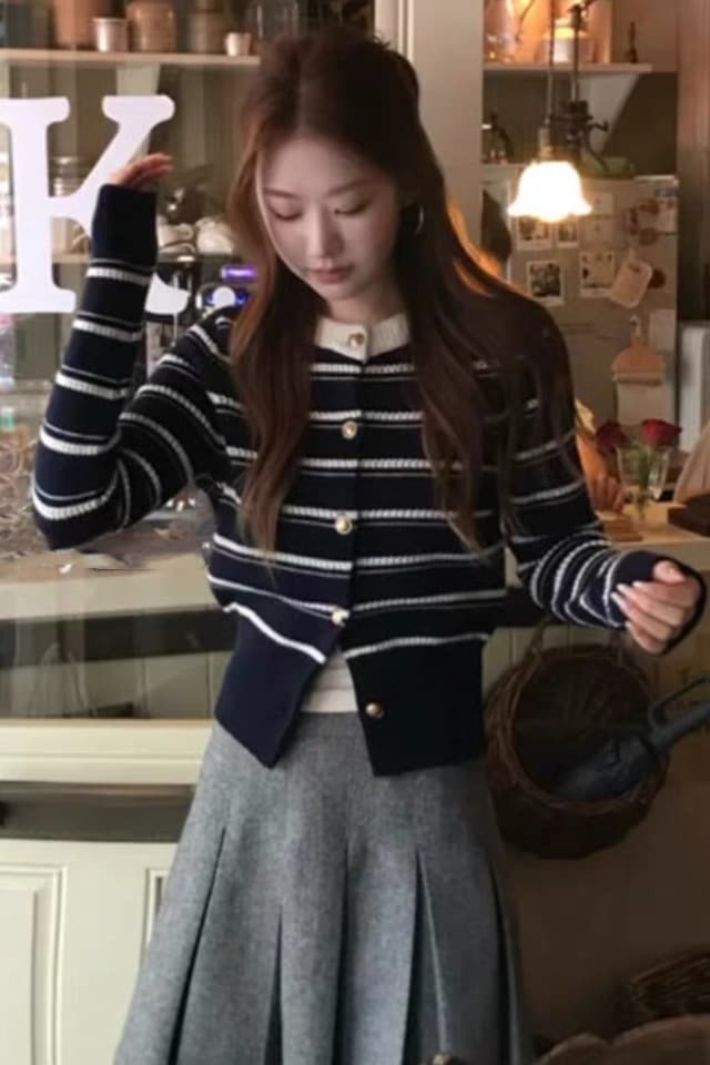 한 부서 스트라이프 긴팔 니트 오픈 가디건 여성 가을 겨울 착용 가져 가라. 몸매 가꾸기 허리 수축 쇼트 스타일 스웨터 아름다운 그레이트 봐. 의류 이미지 6