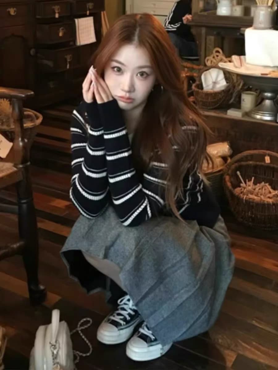 한 부서 스트라이프 긴팔 니트 오픈 가디건 여성 가을 겨울 착용 가져 가라. 몸매 가꾸기 허리 수축 쇼트 스타일 스웨터 아름다운 그레이트 봐. 의류 상세 이미지 8