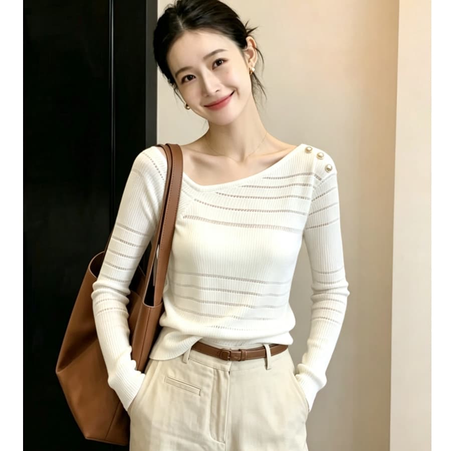 새로운 순수한 욕망 핫걸 품격 비스듬한 칼라 오프숄더 엠보싱 버클 니트 여성 시스루 몸매 가꾸기 슬림해 보이는 섹시함 맨위 이미지 2