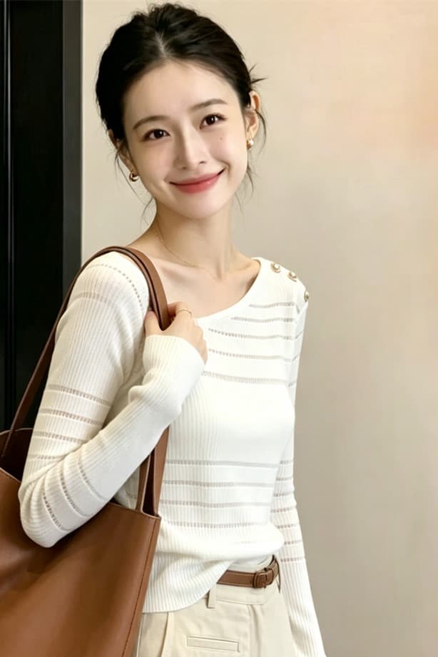 새로운 순수한 욕망 핫걸 품격 비스듬한 칼라 오프숄더 엠보싱 버클 니트 여성 시스루 몸매 가꾸기 슬림해 보이는 섹시함 맨위 이미지 6