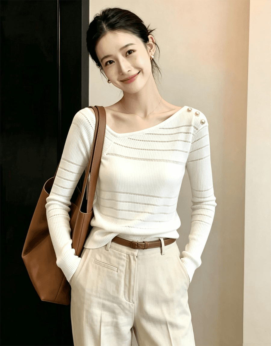 새로운 순수한 욕망 핫걸 품격 비스듬한 칼라 오프숄더 엠보싱 버클 니트 여성 시스루 몸매 가꾸기 슬림해 보이는 섹시함 맨위 상세 이미지 13