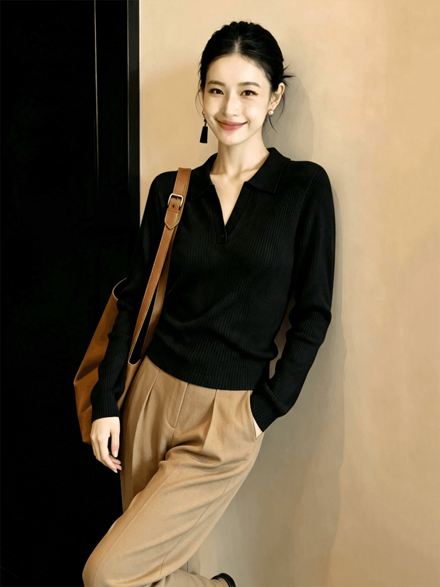 POLO 칼라 니트 스웨터 여성 가을 새로운 몸매 가꾸기 인사이드 가져 가라. 고급 센스 디자인 센스 기본 셔츠 맨위 상세 이미지 4