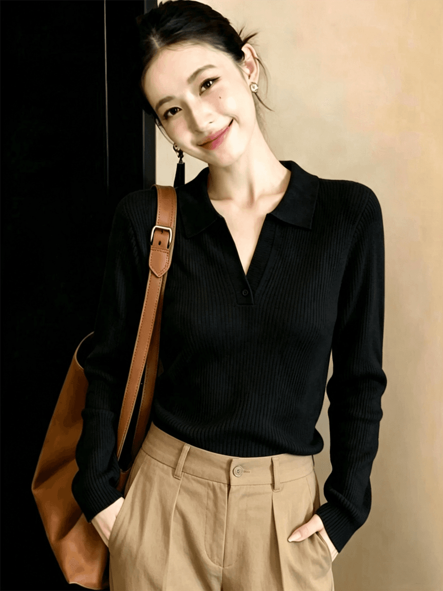 POLO 칼라 니트 스웨터 여성 가을 새로운 몸매 가꾸기 인사이드 가져 가라. 고급 센스 디자인 센스 기본 셔츠 맨위 상세 이미지 6