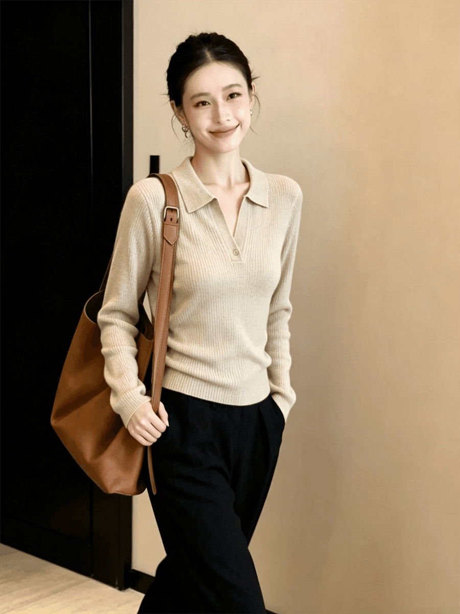 POLO 칼라 니트 스웨터 여성 가을 새로운 몸매 가꾸기 인사이드 가져 가라. 고급 센스 디자인 센스 기본 셔츠 맨위 상세 이미지 7