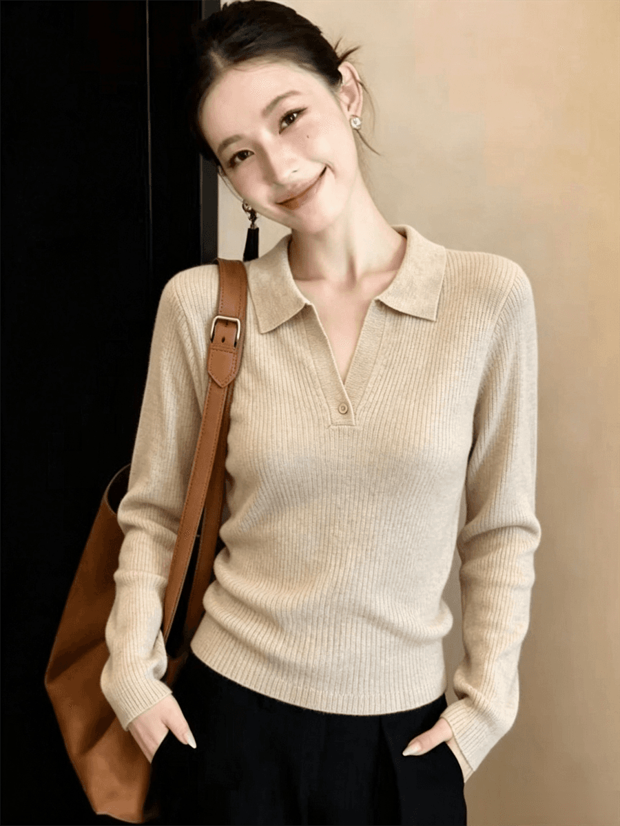 POLO 칼라 니트 스웨터 여성 가을 새로운 몸매 가꾸기 인사이드 가져 가라. 고급 센스 디자인 센스 기본 셔츠 맨위 상세 이미지 8