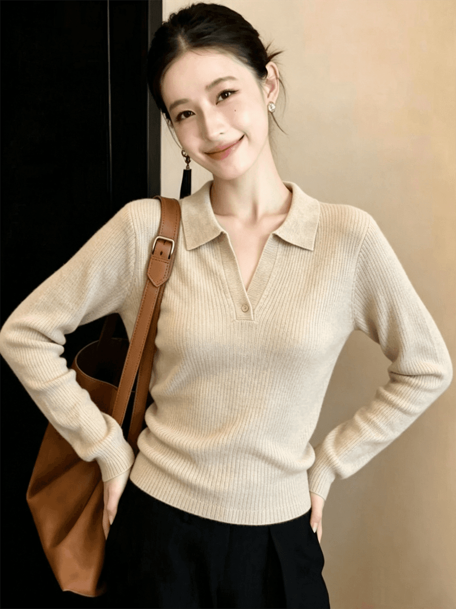 POLO 칼라 니트 스웨터 여성 가을 새로운 몸매 가꾸기 인사이드 가져 가라. 고급 센스 디자인 센스 기본 셔츠 맨위 상세 이미지 10