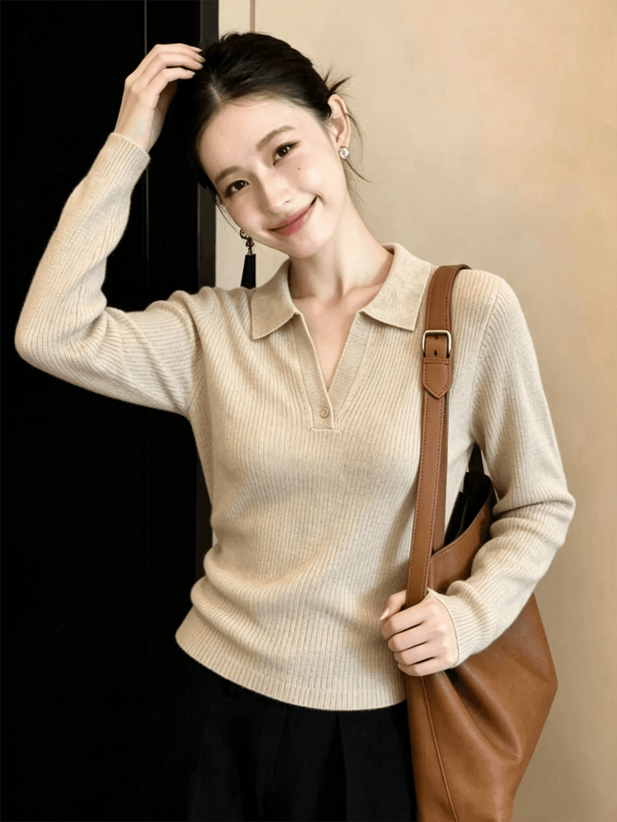 POLO 칼라 니트 스웨터 여성 가을 새로운 몸매 가꾸기 인사이드 가져 가라. 고급 센스 디자인 센스 기본 셔츠 맨위 상세 이미지 11