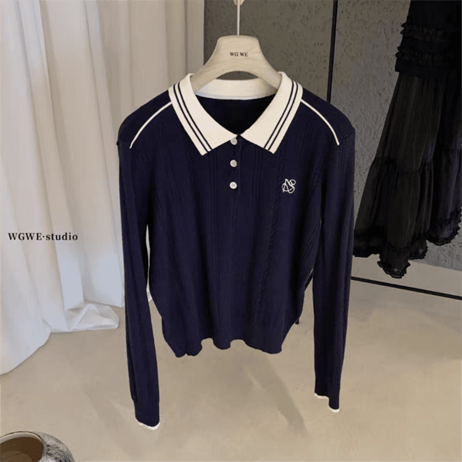 배색 POLO 칼라 트위스트 무늬 니트 스웨터 만나는 스웨터 여자 가을 겨울 캐주얼 긴팔 루즈핏 슬림해 보이는 인사이드 잡아라. 의류 이미지 4