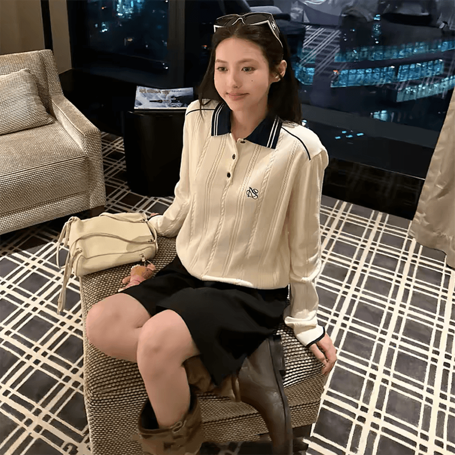 배색 POLO 칼라 트위스트 무늬 니트 스웨터 만나는 스웨터 여자 가을 겨울 캐주얼 긴팔 루즈핏 슬림해 보이는 인사이드 잡아라. 의류 이미지 2
