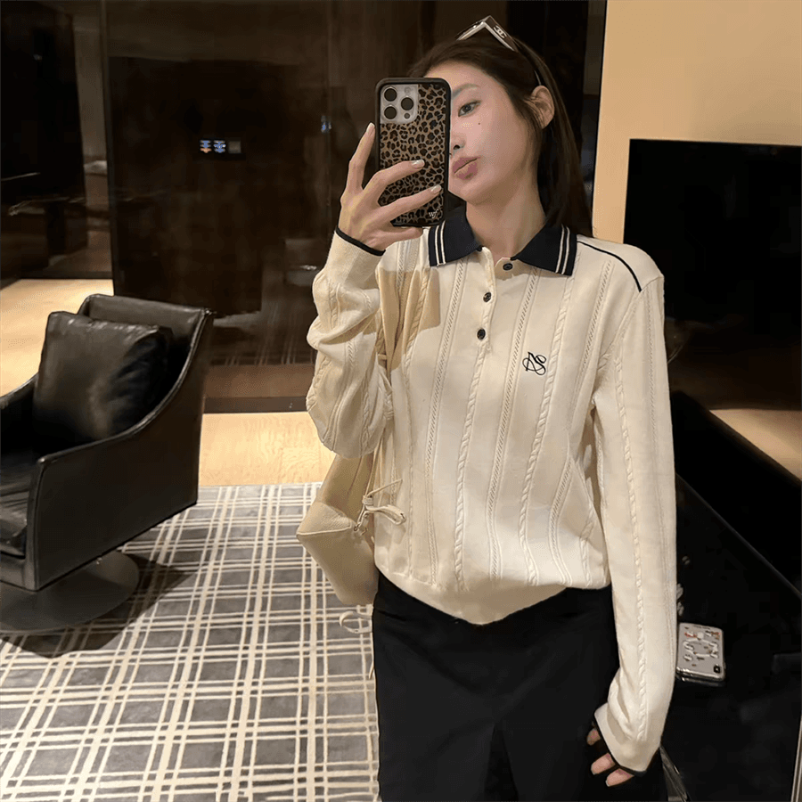 배색 POLO 칼라 트위스트 무늬 니트 스웨터 만나는 스웨터 여자 가을 겨울 캐주얼 긴팔 루즈핏 슬림해 보이는 인사이드 잡아라. 의류 상세 이미지 1