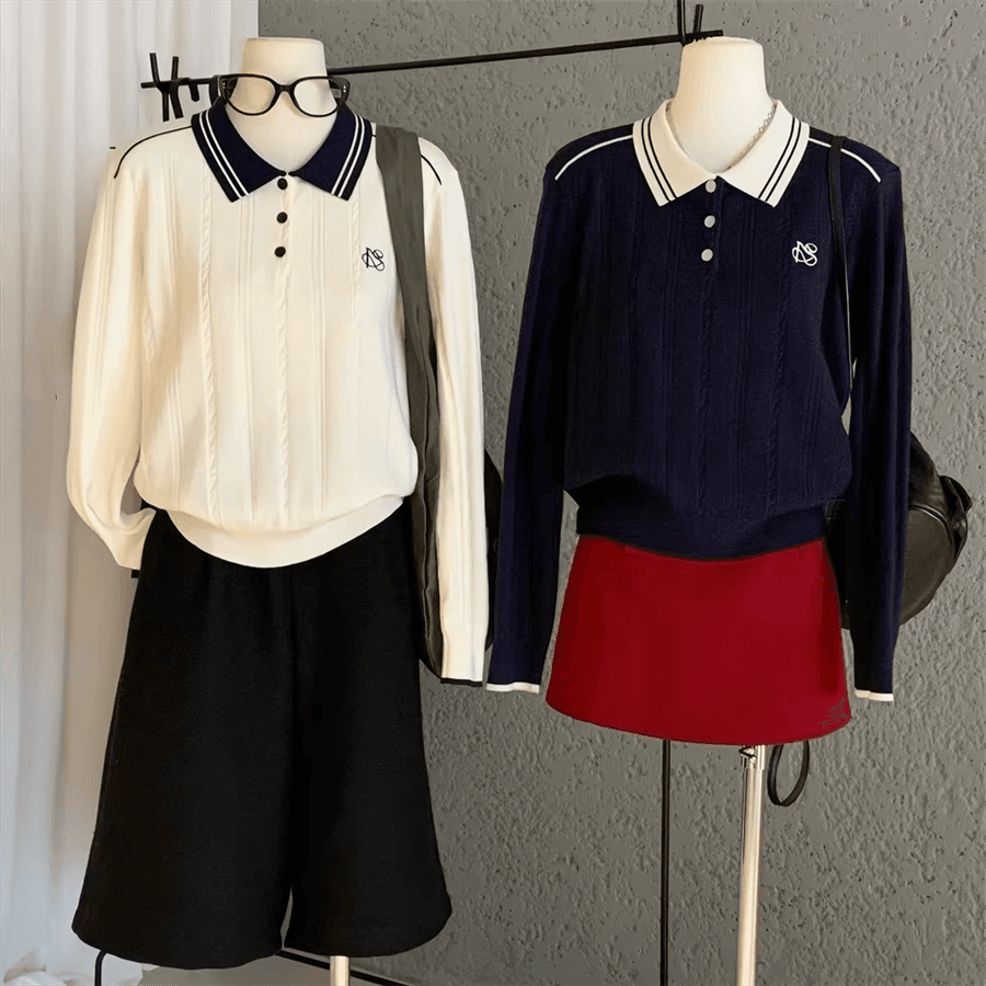 배색 POLO 칼라 트위스트 무늬 니트 스웨터 만나는 스웨터 여자 가을 겨울 캐주얼 긴팔 루즈핏 슬림해 보이는 인사이드 잡아라. 의류 상세 이미지 8