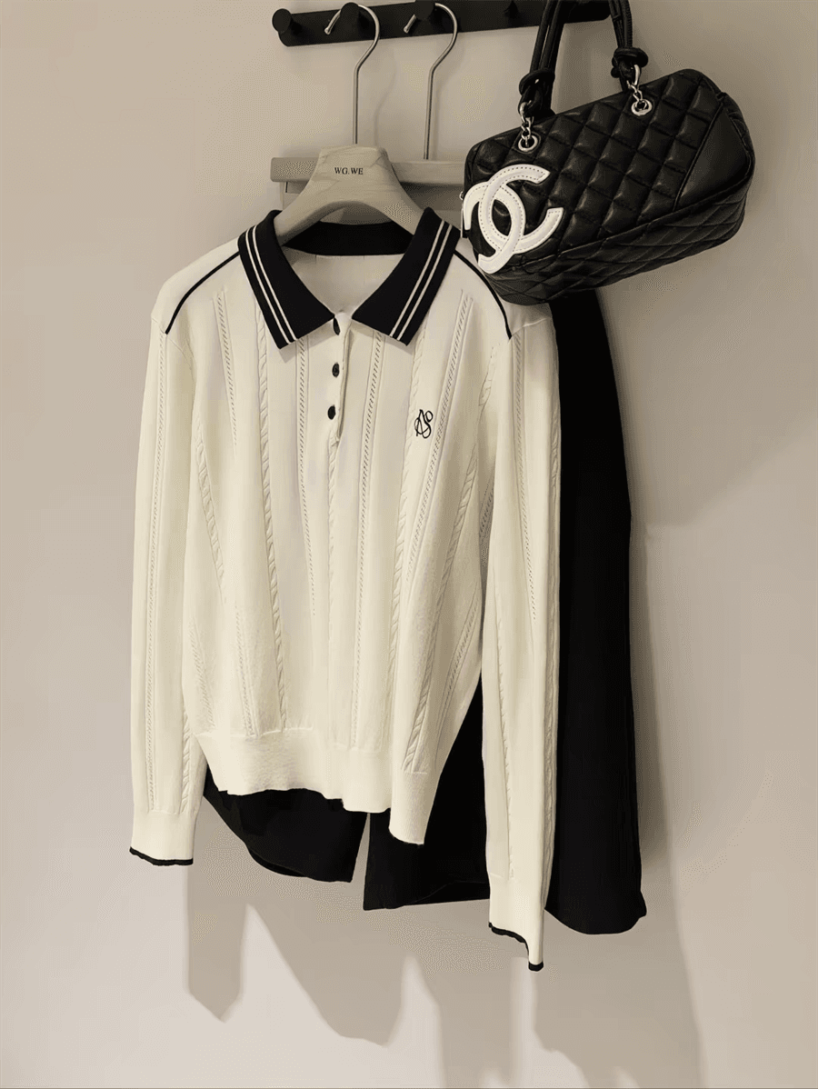 배색 POLO 칼라 트위스트 무늬 니트 스웨터 만나는 스웨터 여자 가을 겨울 캐주얼 긴팔 루즈핏 슬림해 보이는 인사이드 잡아라. 의류 상세 이미지 12
