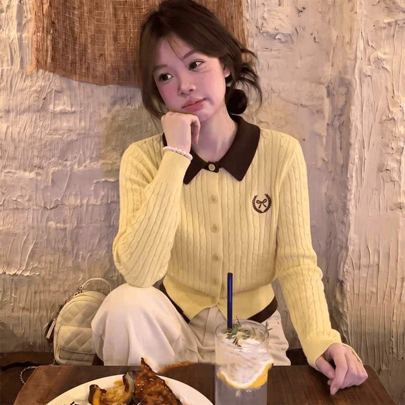한 부서 학원 스타일 페이크 레이어드 배색 POLO 칼라 긴팔 니트 오픈 가디건 여성 이른 가을 새로운 품격 캐주얼 맨위