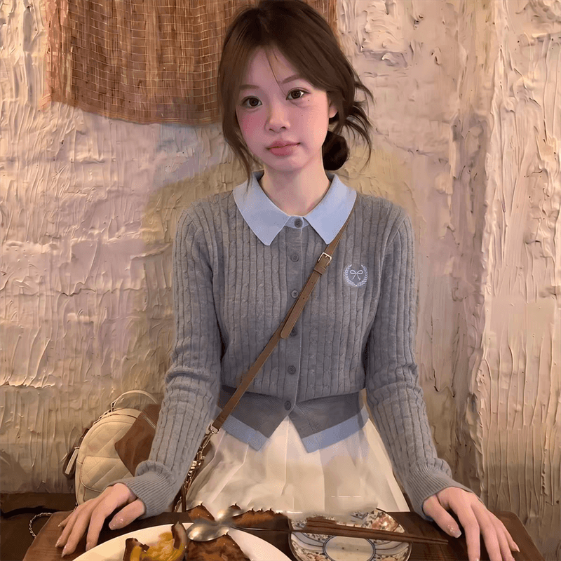 한 부서 학원 스타일 페이크 레이어드 배색 POLO 칼라 긴팔 니트 오픈 가디건 여성 이른 가을 새로운 품격 캐주얼 맨위 이미지 2