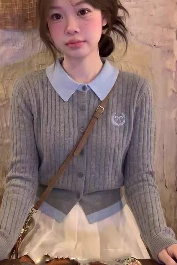 한 부서 학원 스타일 페이크 레이어드 배색 POLO 칼라 긴팔 니트 오픈 가디건 여성 이른 가을 새로운 품격 캐주얼 맨위 이미지 6