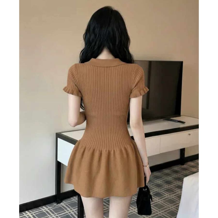 영국식 학원 스타일 POLO 칼라 나비 매듭 니트 여성 드레스 여름 화이트 반팔 달콤함 천 금빛 바람 미니 스커트 이미지 5