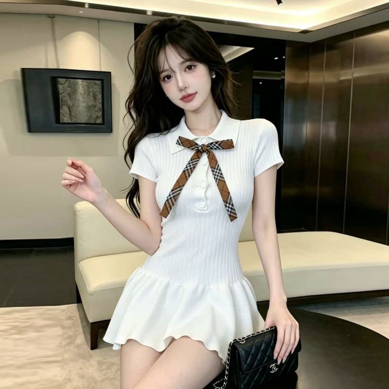 영국식 학원 스타일 POLO 칼라 나비 매듭 니트 여성 드레스 여름 화이트 반팔 달콤함 천 금빛 바람 미니 스커트 상세 이미지 7