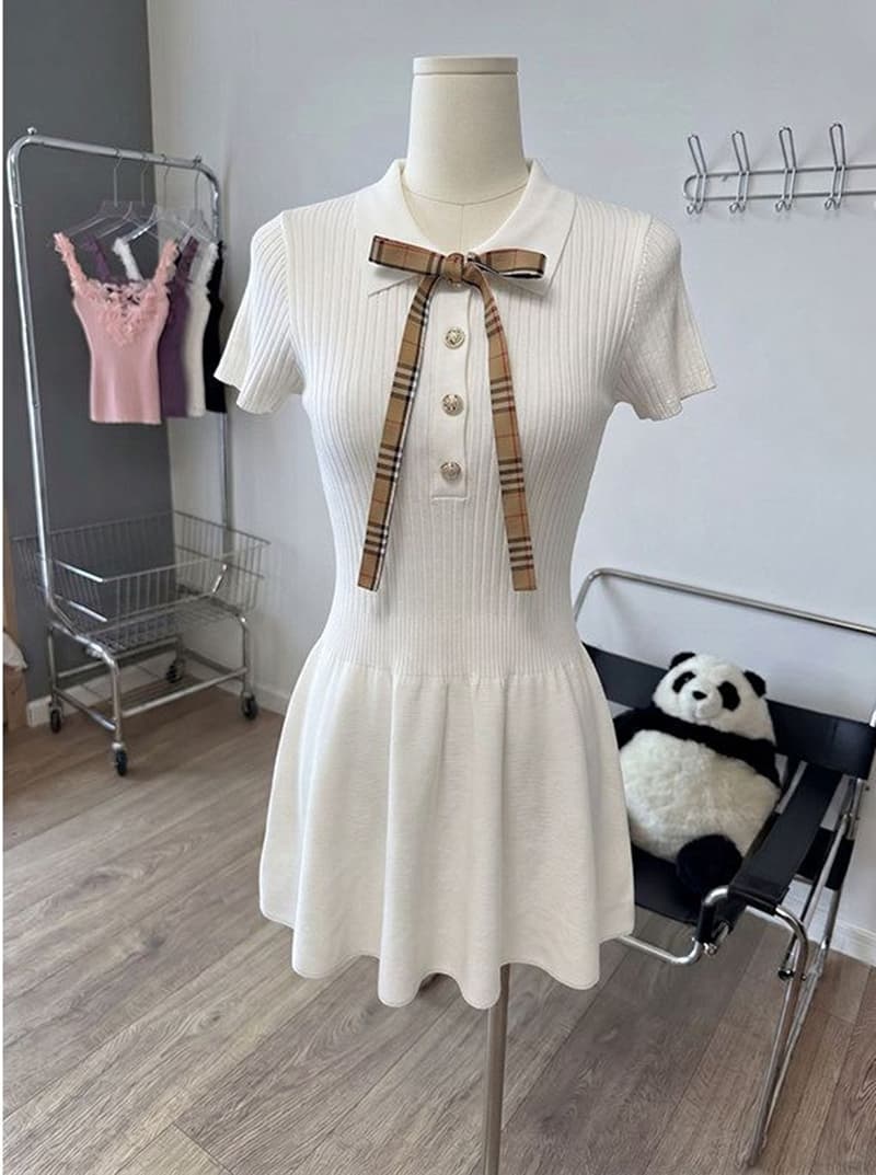 영국식 학원 스타일 POLO 칼라 나비 매듭 니트 여성 드레스 여름 화이트 반팔 달콤함 천 금빛 바람 미니 스커트 상세 이미지 10
