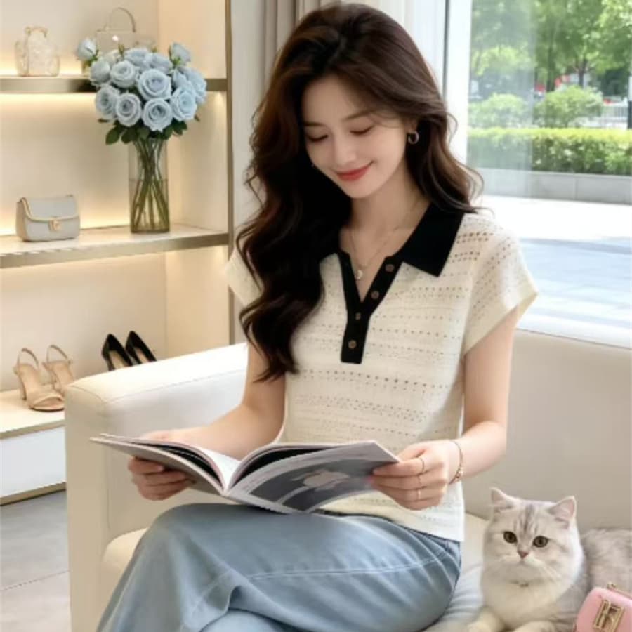 여름 새로운 한 부서 패션 품격 고급 슬림해 보이는 폴로 칼라 반팔 니트 티셔츠 홀로우 아웃 맨위 여성 의류 폭발 이미지 4