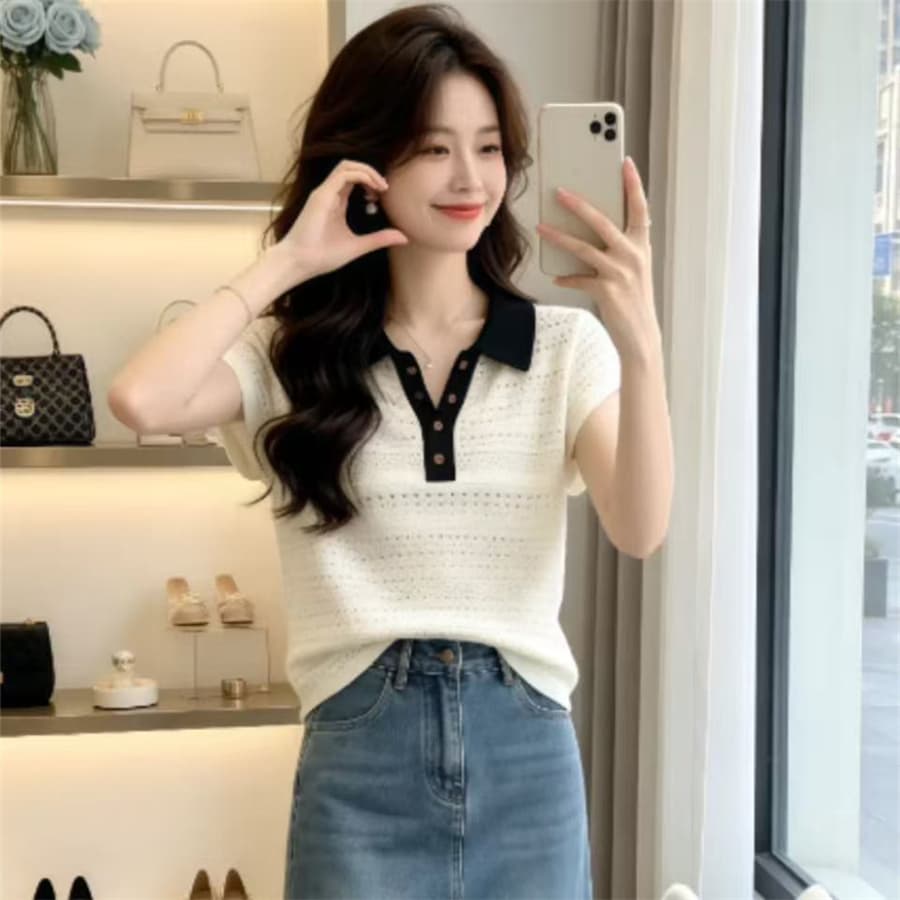 여름 새로운 한 부서 패션 품격 고급 슬림해 보이는 폴로 칼라 반팔 니트 티셔츠 홀로우 아웃 맨위 여성 의류 폭발 이미지 5
