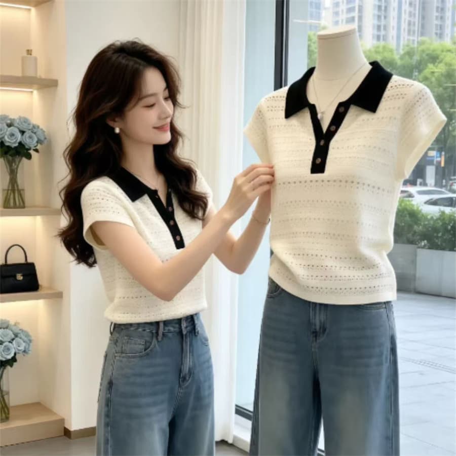 여름 새로운 한 부서 패션 품격 고급 슬림해 보이는 폴로 칼라 반팔 니트 티셔츠 홀로우 아웃 맨위 여성 의류 폭발 상세 이미지 1