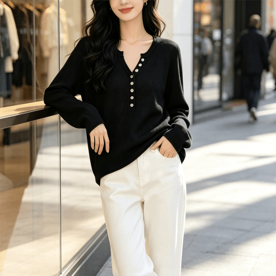 고급 센스 반 개방 칼라 긴팔 티셔츠 여성 가을 새로운 슬림해 보이는 인사이드 가져 가라. 만나는 니트 스웨터 맨위 이미지 5