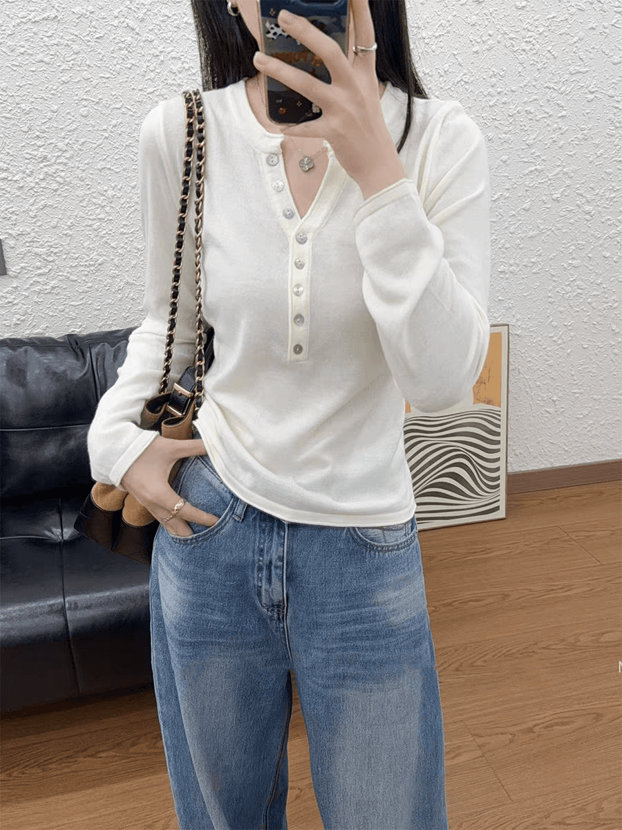 고급 센스 반 개방 칼라 긴팔 티셔츠 여성 가을 새로운 슬림해 보이는 인사이드 가져 가라. 만나는 니트 스웨터 맨위 상세 이미지 12