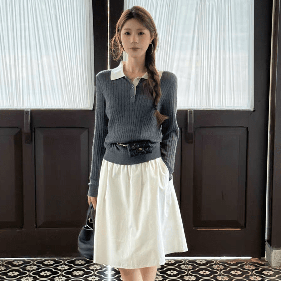 한 부서 레트로 트위스트 꽃 니트 스웨터 패치워크 색상 폴로 칼라 슬림해 보이는 긴팔 POLO 칼라 새로운 만나는 스웨터 여자 이미지 4