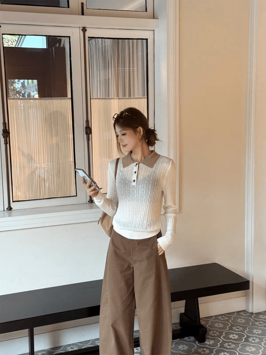 한 부서 레트로 트위스트 꽃 니트 스웨터 패치워크 색상 폴로 칼라 슬림해 보이는 긴팔 POLO 칼라 새로운 만나는 스웨터 여자 상세 이미지 16