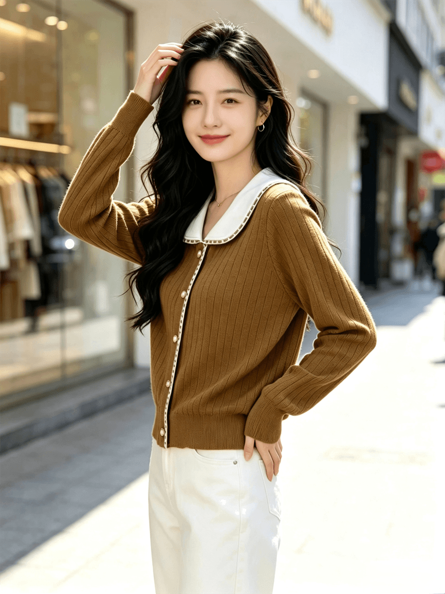폴로 칼라 오픈 가디건 여성 코트 새로운 봄 가을 외출용 다용도 몸매 가꾸기 베이비 칼라 니트 스웨터 맨위 한국 스타일 상세 이미지 8