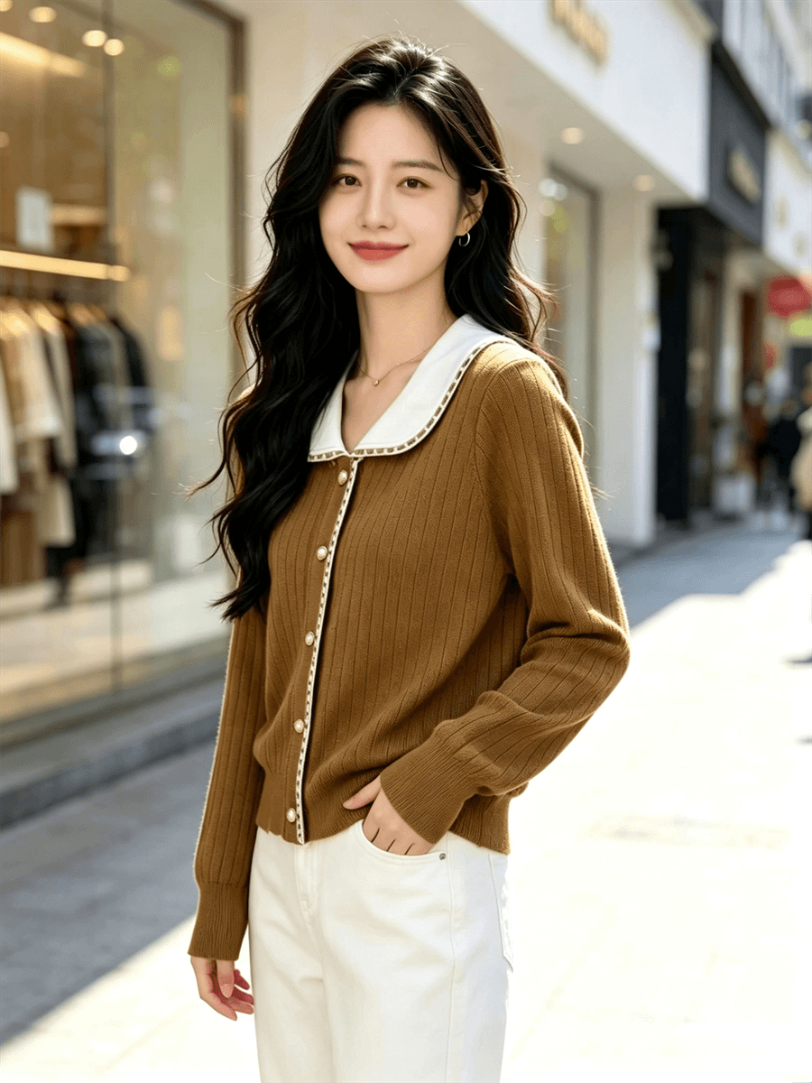 폴로 칼라 오픈 가디건 여성 코트 새로운 봄 가을 외출용 다용도 몸매 가꾸기 베이비 칼라 니트 스웨터 맨위 한국 스타일 상세 이미지 11